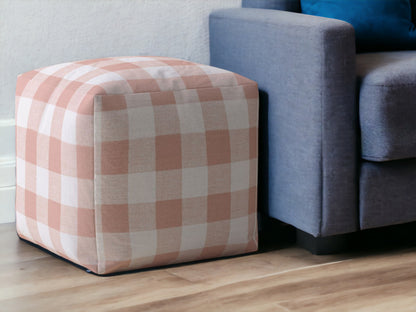 17" Pink and White Cotton Gingham Pouf Ottoman