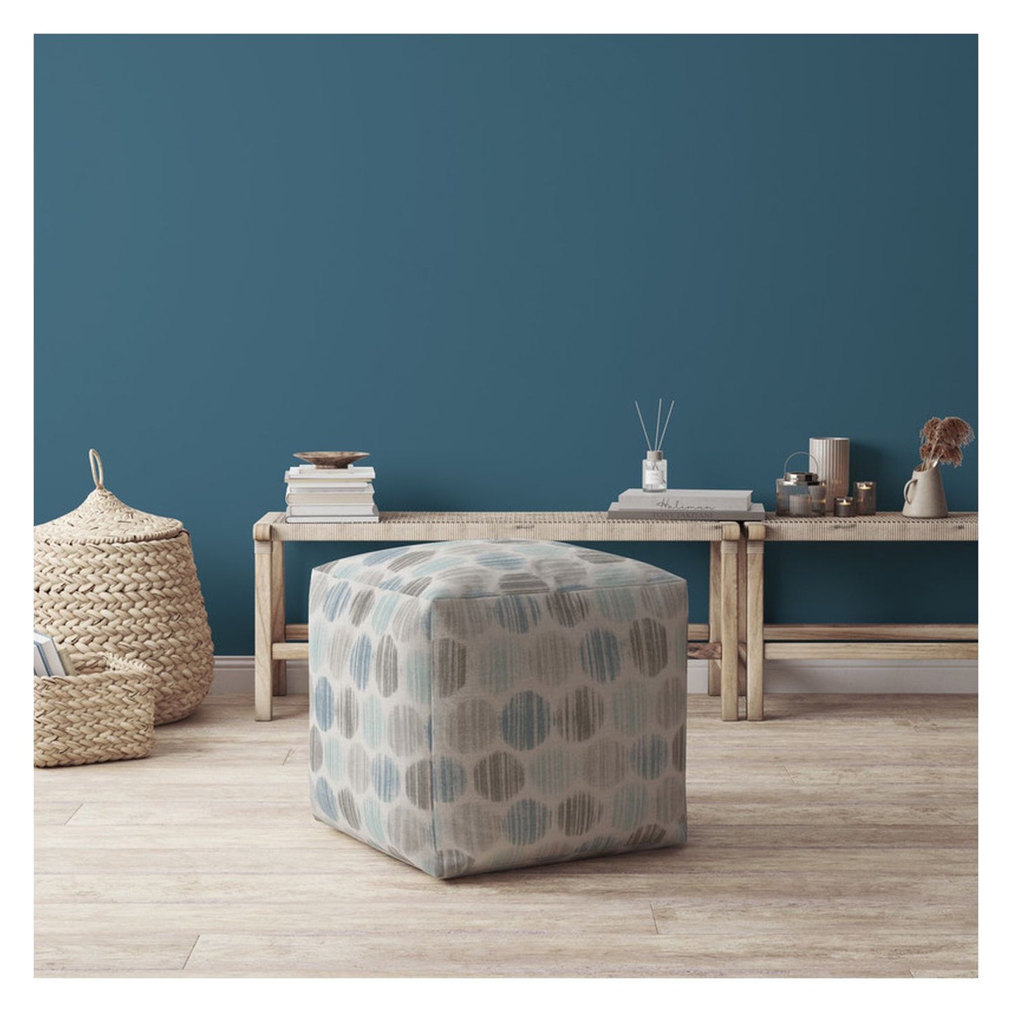 17" Blue Cotton Polka Dots Pouf Ottoman