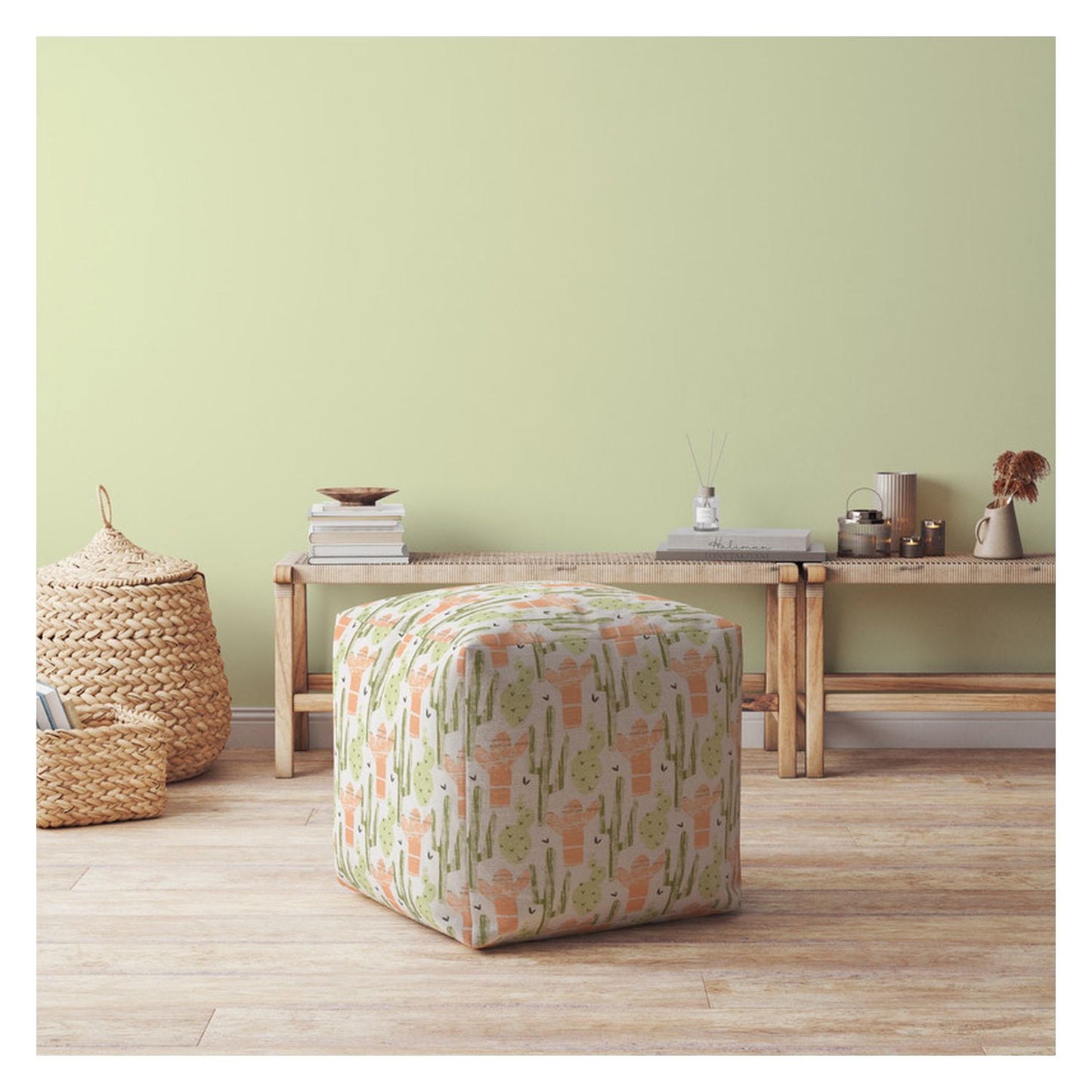 17" Orange Cotton Cactus Pouf Ottoman