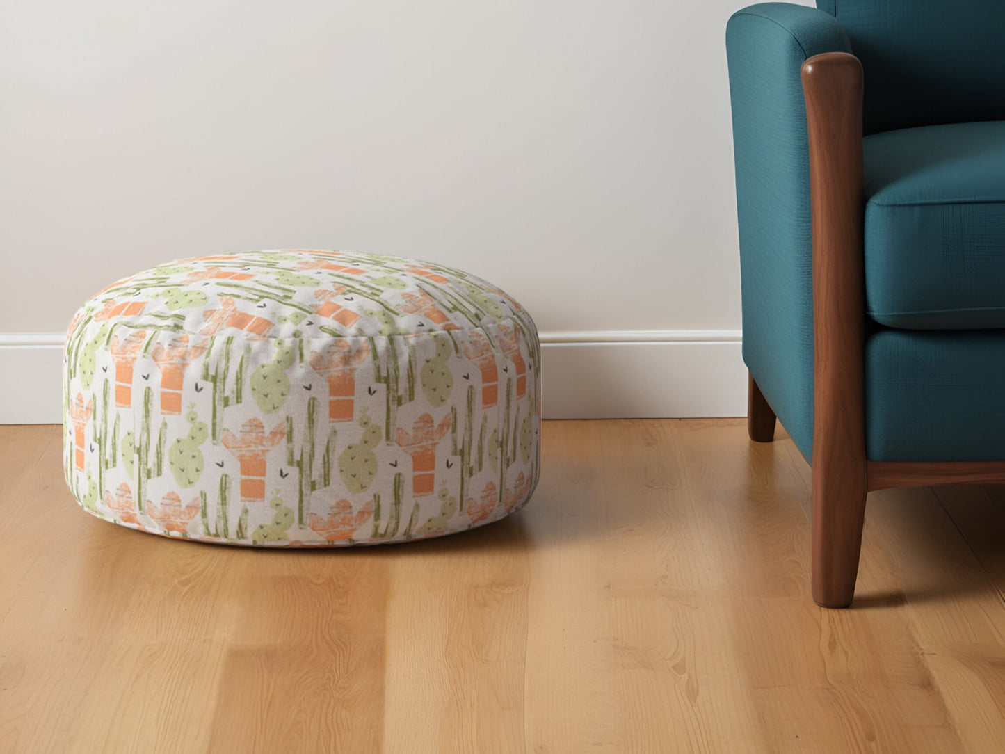 24" Orange Cotton Round Cactus Pouf Ottoman