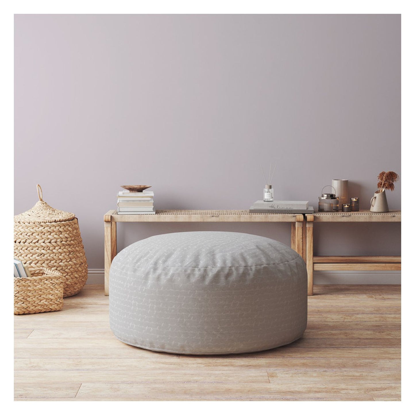 24" Gray Cotton Round Pouf Ottoman