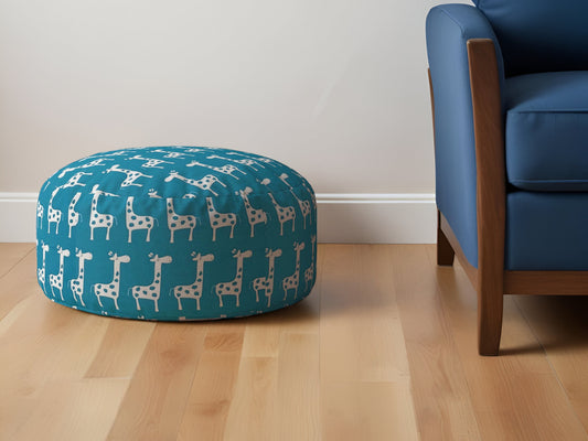 24" Blue and White Cotton Round Giraffe Pouf Ottoman