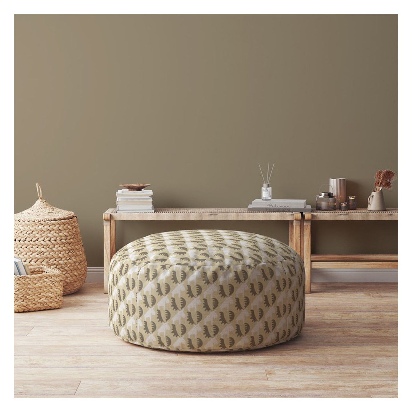 24" Beige Cotton Round Animal Print Pouf Ottoman