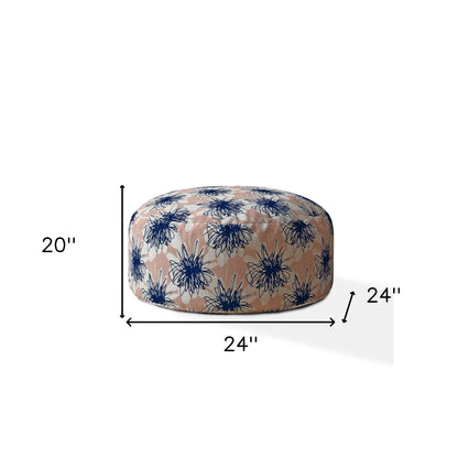 24" Pink and Blue Canvas Round Floral Pouf Ottoman