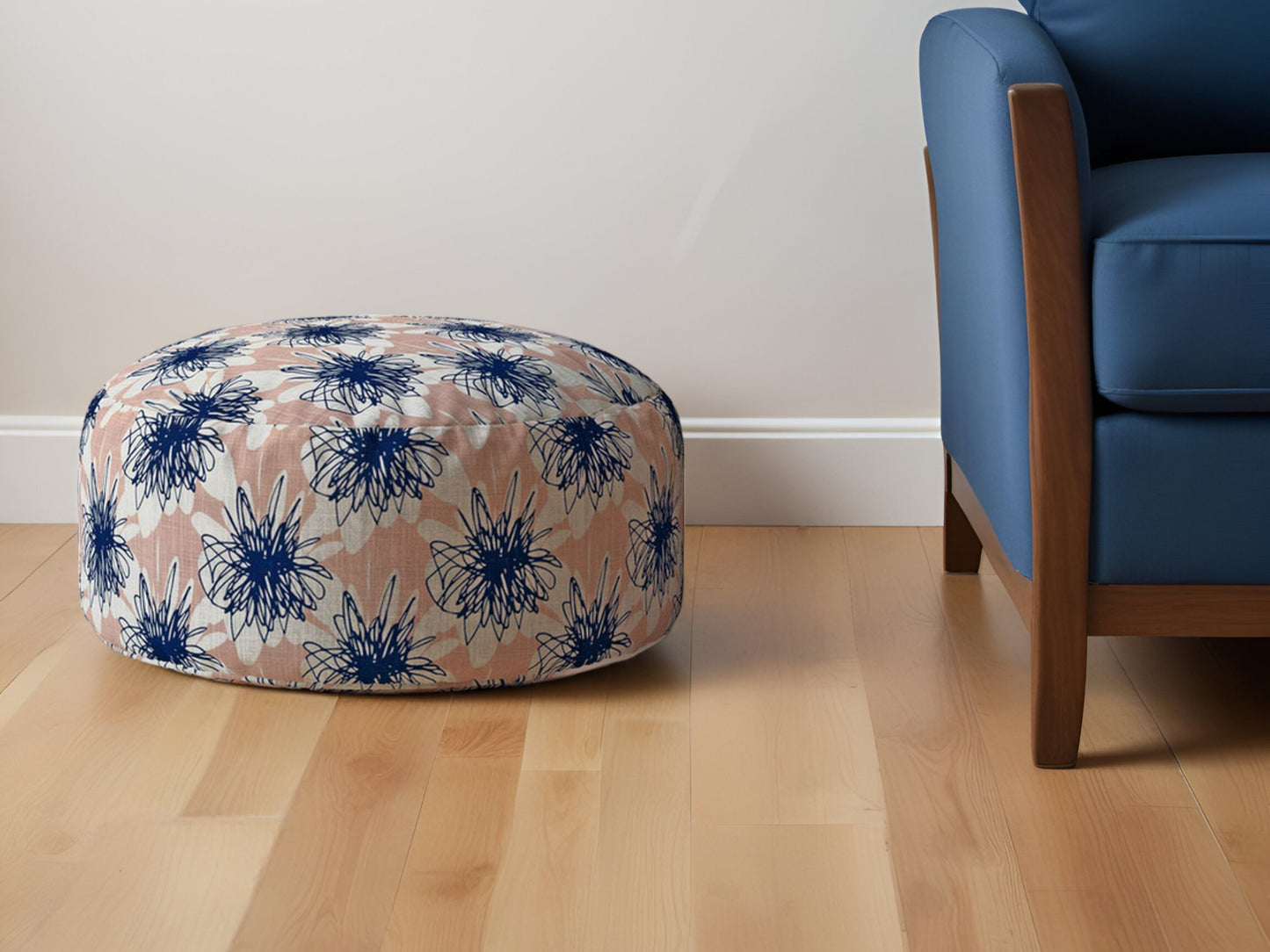 24" Pink and Blue Canvas Round Floral Pouf Ottoman