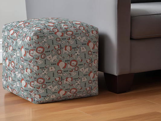 17" Gray and White Cotton Animal Print Pouf Ottoman