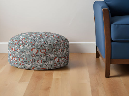 24" Gray and White Cotton Round Animal Print Pouf Ottoman