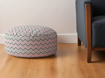 24" Gray Twill Round Chevron Pouf Ottoman