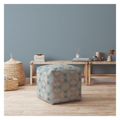 17" Blue Cotton Ikat Pouf Cover