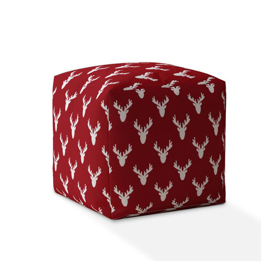 17" Red And White Cotton Stag Pouf Cover