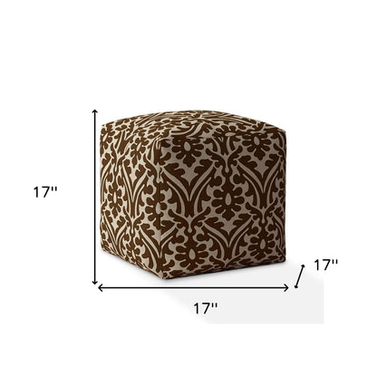 17" Brown Cotton Damask Pouf Cover