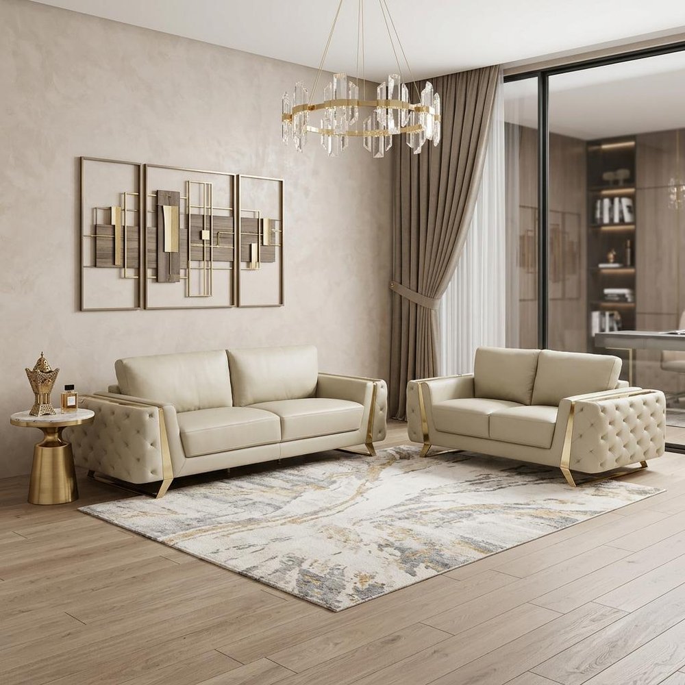 Two Piece Indoor Beige Italian Leather Five Person Seating Set HomeRoots