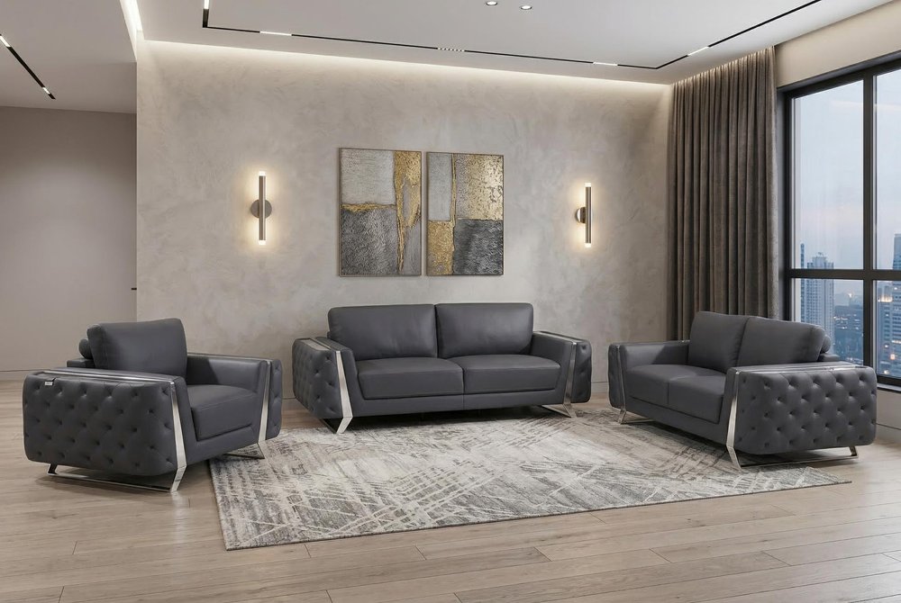 Three Piece Indoor Dark Gray Italian Leather Six Person Seating Set HomeRoots