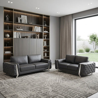 Two Piece Indoor Dark Gray Italian Leather Five Person Seating Set