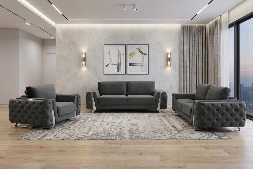 Three Piece Indoor Dark Gray Velvet Six Person Seating Set HomeRoots