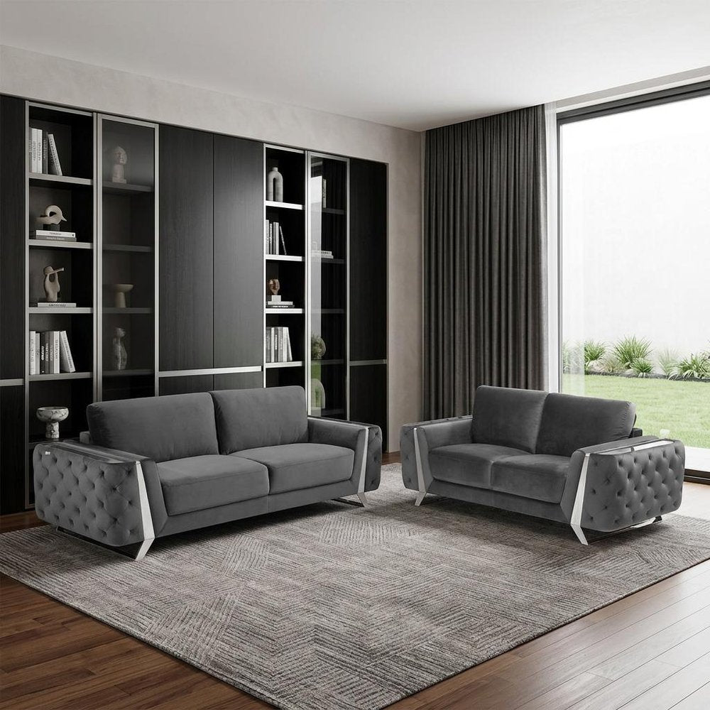 Two Piece Indoor Dark Gray Italian Leather Five Person Seating Set HomeRoots