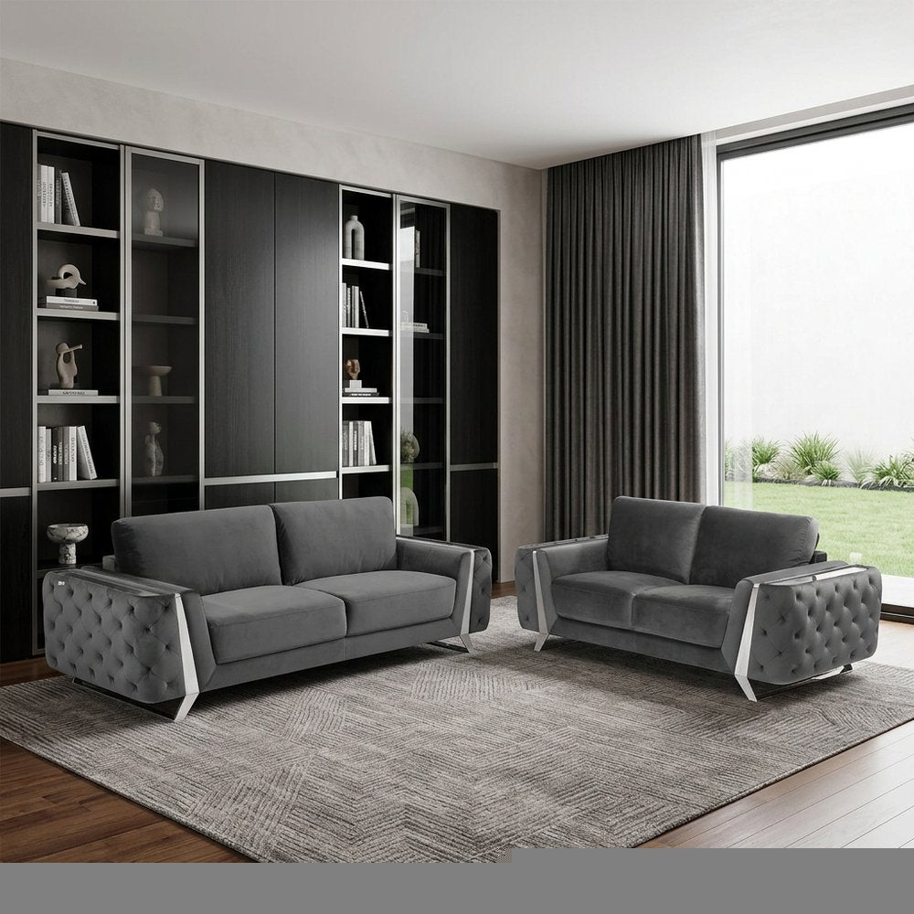 Two Piece Indoor Dark Gray Italian Leather Five Person Seating Set HomeRoots