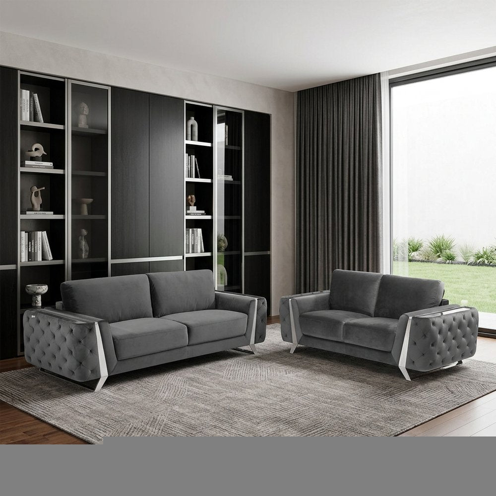 Two Piece Indoor Dark Gray Italian Leather Five Person Seating Set