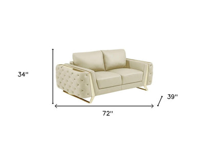 72" Beige And Gold Genuine Leather Loveseat HomeRoots
