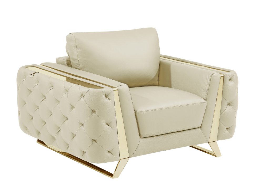 50" Beige And Gold Genuine Leather Tufted Club Chair HomeRoots