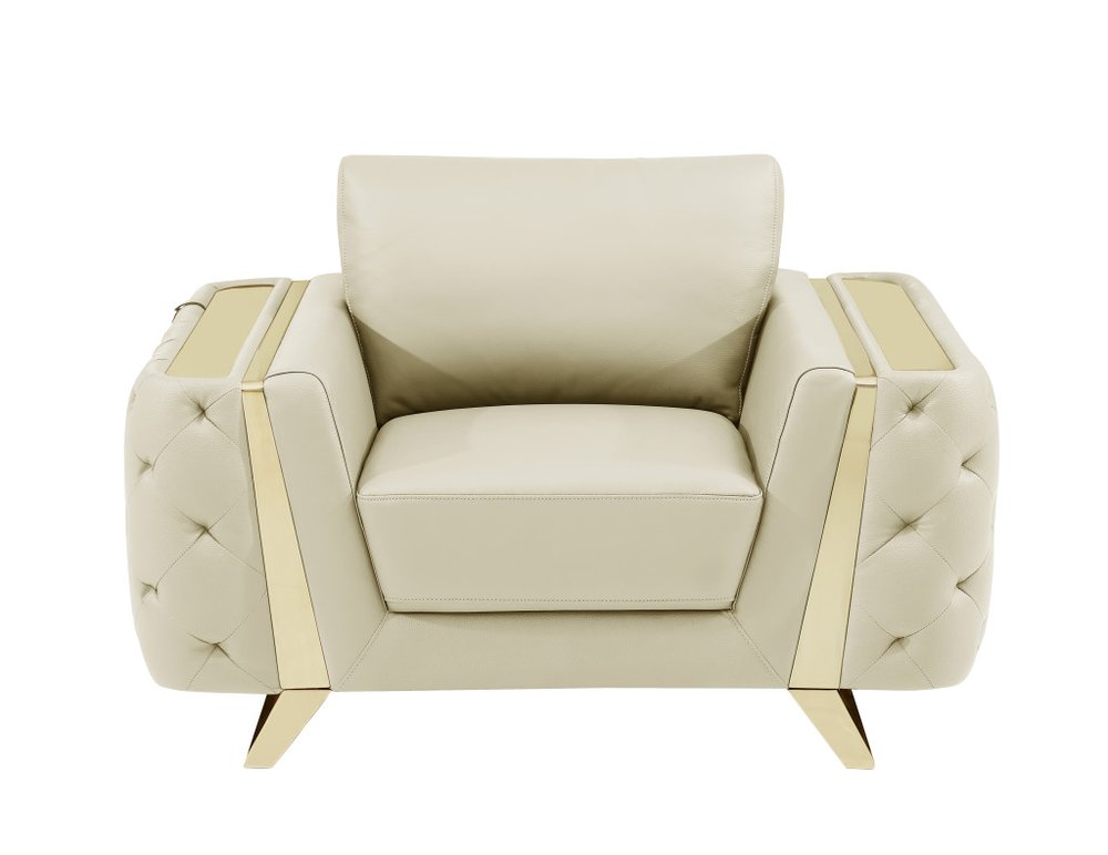 50" Beige And Gold Genuine Leather Tufted Club Chair HomeRoots