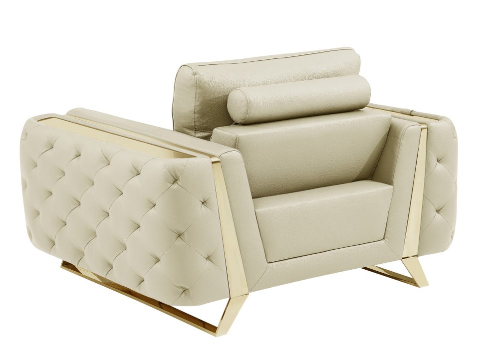 50" Beige And Gold Genuine Leather Tufted Club Chair HomeRoots