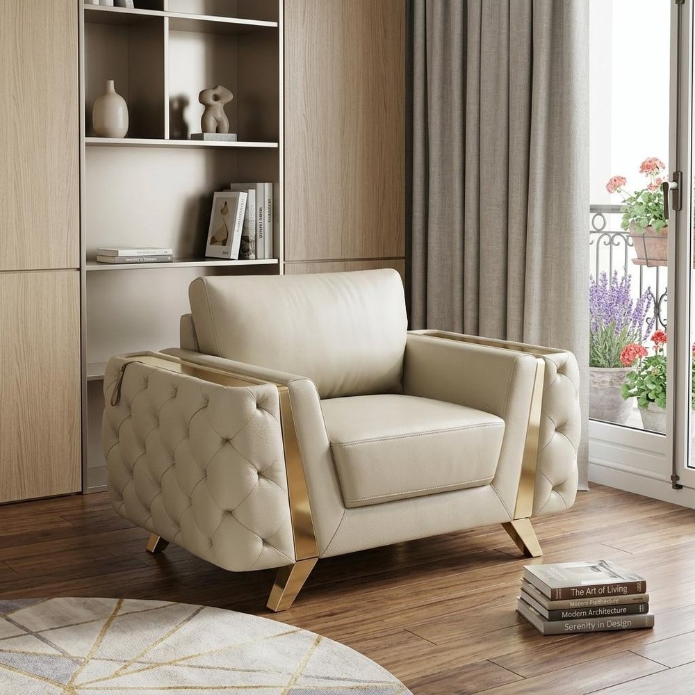 50" Beige And Gold Genuine Leather Tufted Club Chair HomeRoots