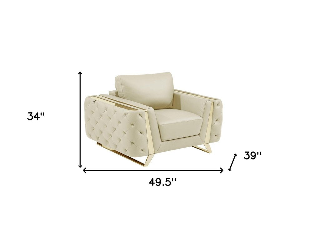 50" Beige And Gold Genuine Leather Tufted Club Chair HomeRoots