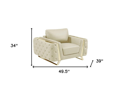50" Beige And Gold Genuine Leather Tufted Club Chair HomeRoots