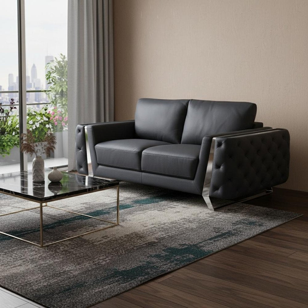 72" Dark Gray And Silver Genuine Leather Loveseat HomeRoots