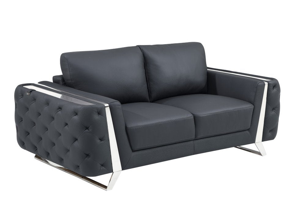 72" Dark Gray And Silver Genuine Leather Loveseat HomeRoots