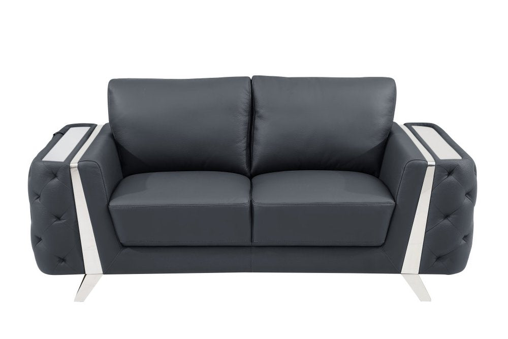 72" Dark Gray And Silver Genuine Leather Loveseat HomeRoots