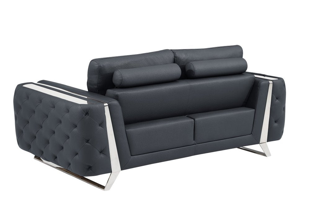 72" Dark Gray And Silver Genuine Leather Loveseat HomeRoots