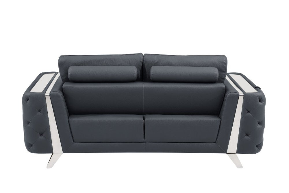 72" Dark Gray And Silver Genuine Leather Loveseat HomeRoots