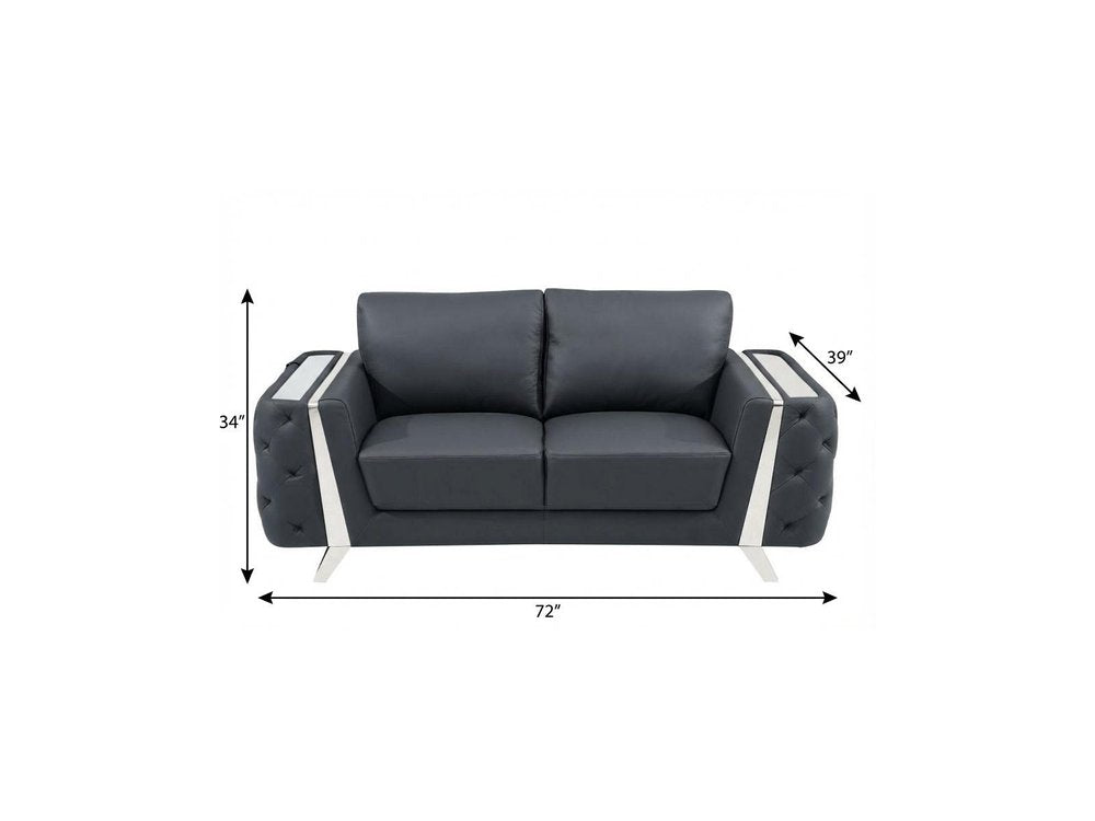 72" Dark Gray And Silver Genuine Leather Loveseat HomeRoots
