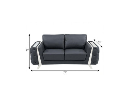 72" Dark Gray And Silver Genuine Leather Loveseat HomeRoots