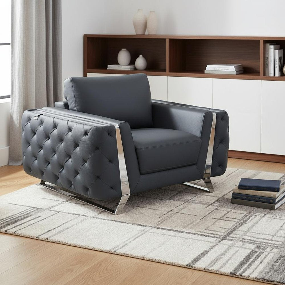 50" Dark Gray And Silver Faux Leather Tufted Club Chair HomeRoots