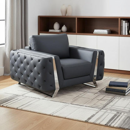 50" Dark Gray And Silver Faux Leather Tufted Club Chair HomeRoots