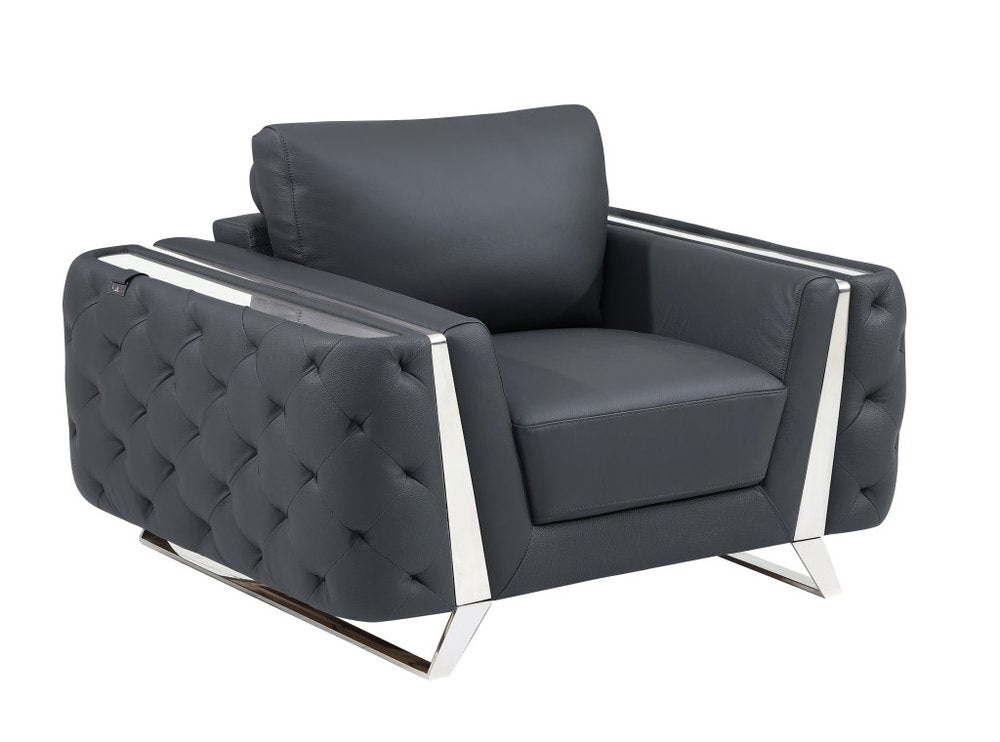 50" Dark Gray And Silver Faux Leather Tufted Club Chair HomeRoots