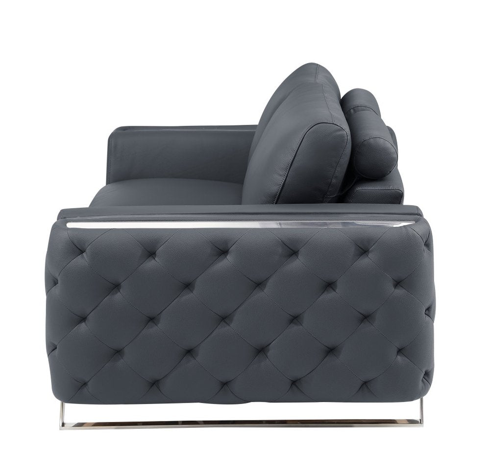 50" Dark Gray And Silver Faux Leather Tufted Club Chair HomeRoots