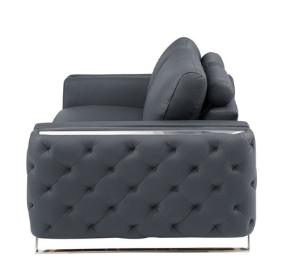 50" Dark Gray And Silver Faux Leather Tufted Club Chair HomeRoots