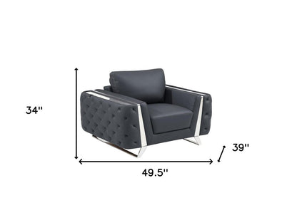 50" Dark Gray And Silver Faux Leather Tufted Club Chair HomeRoots