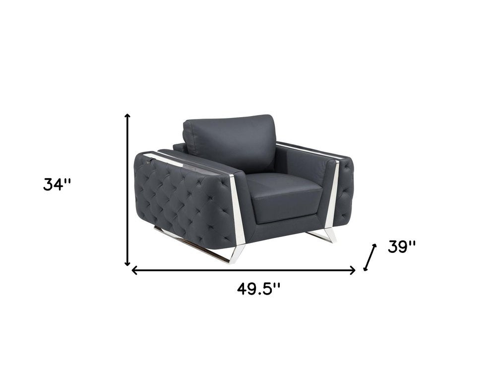 50" Dark Gray And Silver Faux Leather Tufted Club Chair HomeRoots