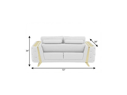 72" White And Gold Genuine Leather Loveseat HomeRoots