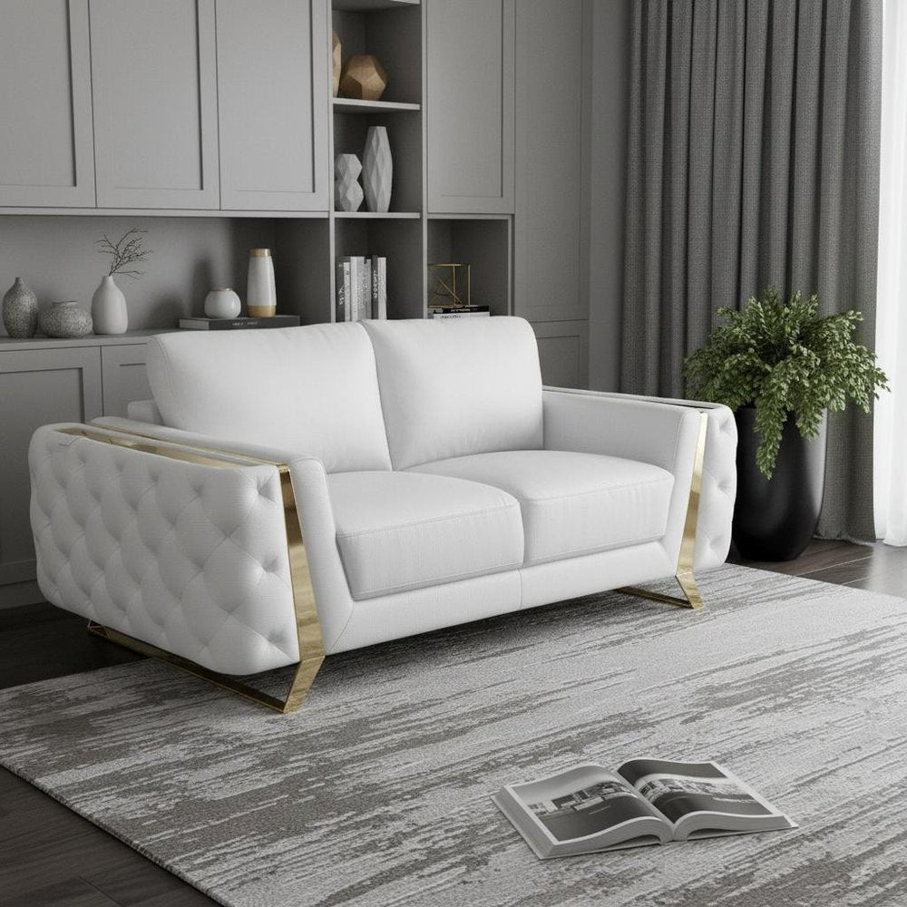 72" White And Gold Genuine Leather Loveseat HomeRoots