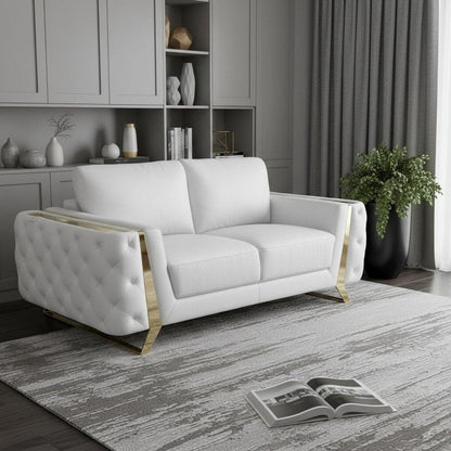 72" White And Gold Genuine Leather Loveseat HomeRoots