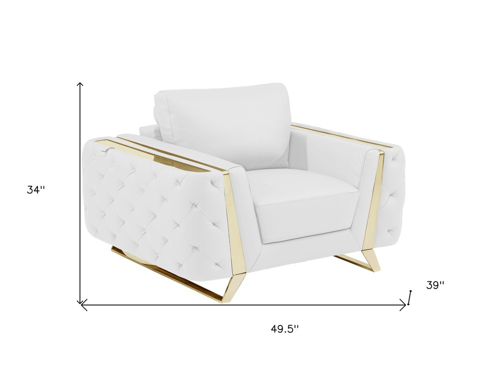50" White And Gold Genuine Leather Club Chair HomeRoots