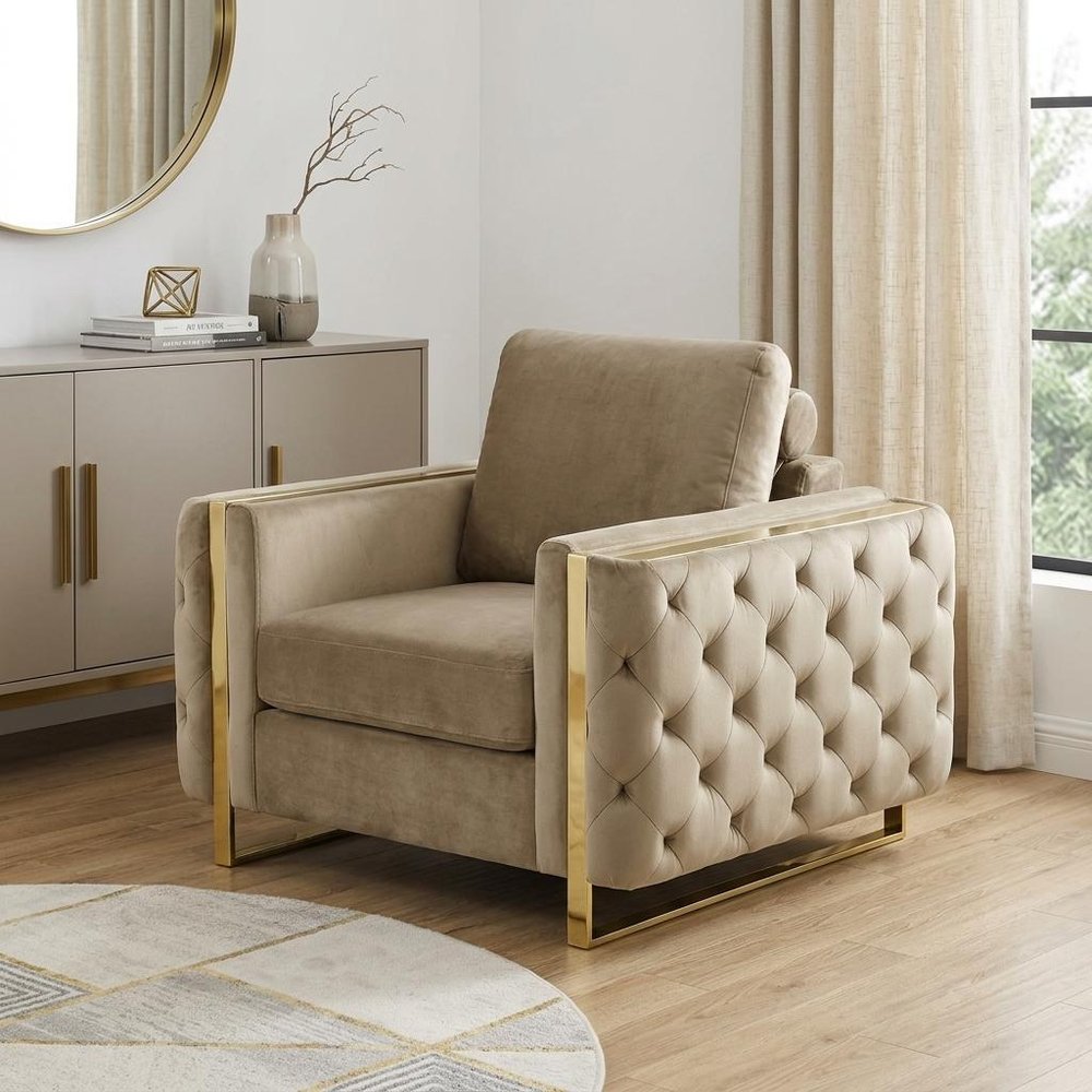 50" Beige And Gold Velvet Tufted Club Chair HomeRoots