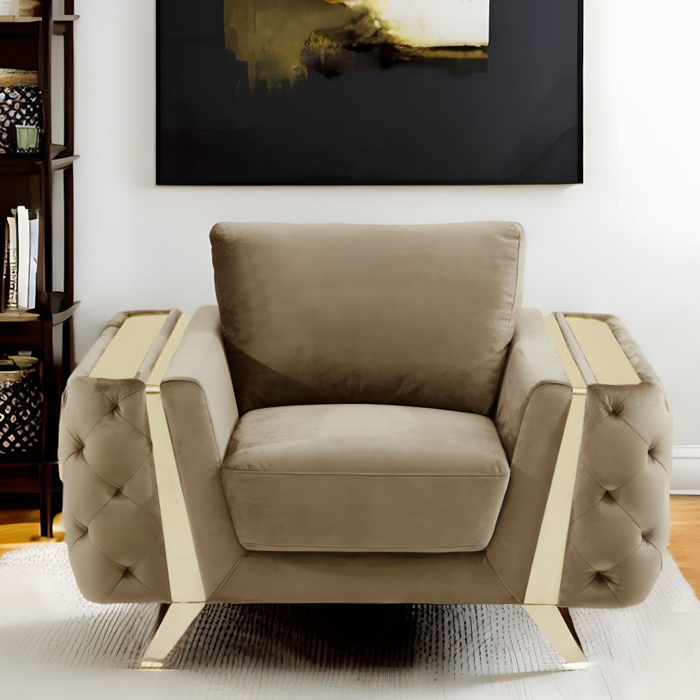 50" Beige And Gold Velvet Tufted Club Chair HomeRoots