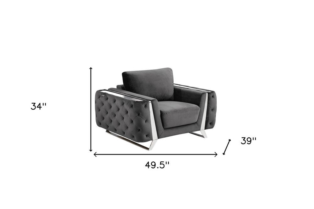 50" Dark Gray And Silver Velvet Tufted Club Chair HomeRoots